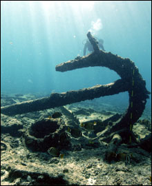 A Trotman style anchor rests on the seafloor at the Dunnottar Castle shipwreck site at Kure Atoll