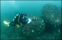 Chris Horrell, Marine Archaeologist from BOEMRE, collects archaeological information while diving on the Kassandra Louloudis.