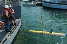 SRI International's AUV is being tested at the dock in Ocracoke, NC before taking the piece of equipment offshore.