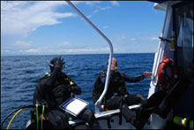 John McCord (UNC Coastal Studies Institutes) and Joe Hoyt ready to 
go overboard to dive U-701