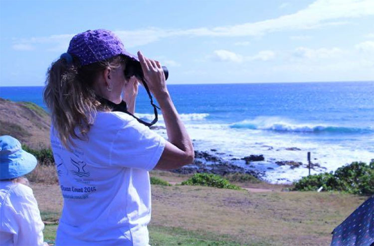 woman holding binoculars spotting whales