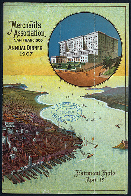 poster from 1907 advertises the 1907 Annual Dinner of the San Francisco Merchant's Association, san francisco bay is depicted in the poster