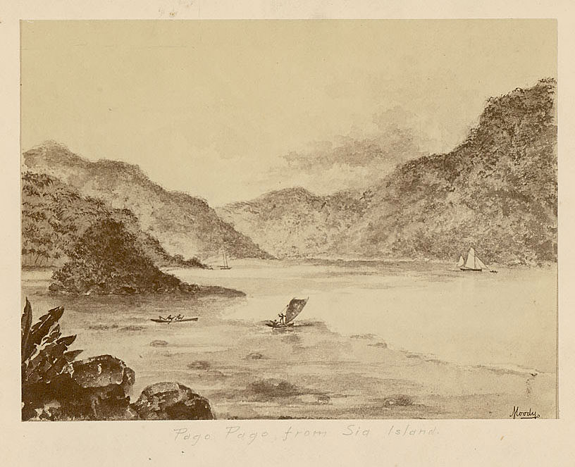 painting of pago pago in 1873, boat sailing to and from shore