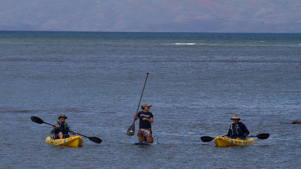 kayakers and a paddleboarder out at sea