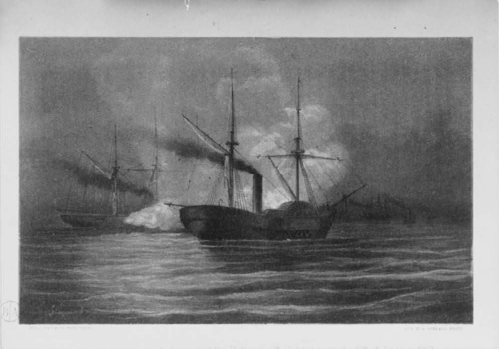 Lithograph of the battle between the uss hatteras and css alabama