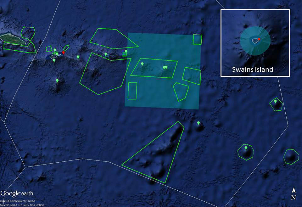 map highlighing the area that the okeanos explore around american samoa