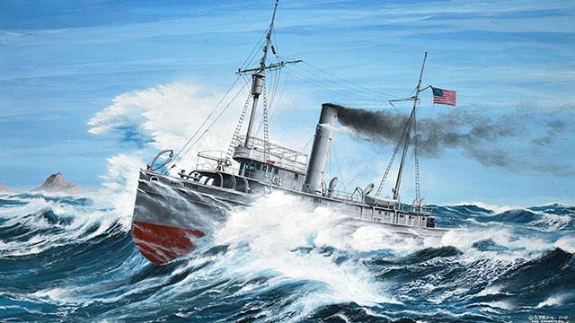 painting of the USS Conestoga in rough waters