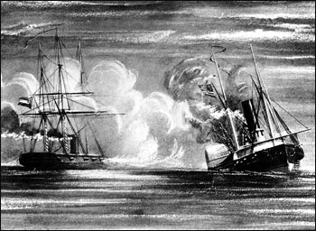 This 19th Century print depicts the sinking of USS Hatteras by CSS Alabama, off Galveston, Texas, January 11, 1863.