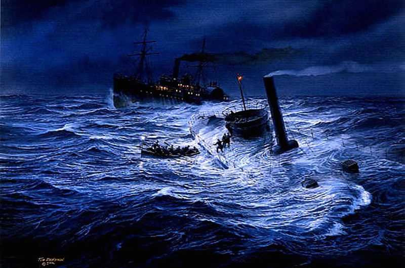 Painting by Tom Freeman of the uss monitor sinking in a violent storm