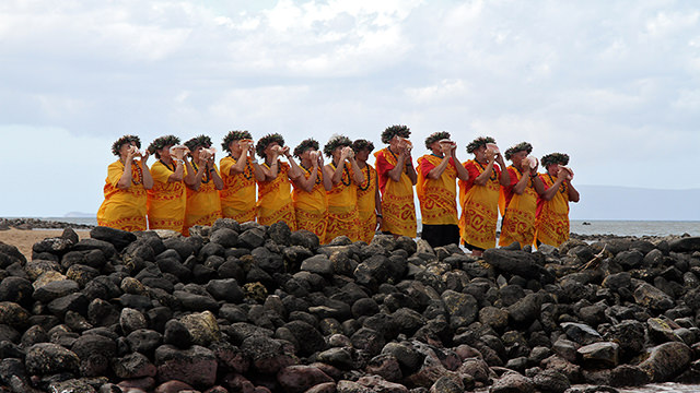 Local canoe club members lead a cultural protocol at Kalepolepo Beach Park in Kīhei, Maui.