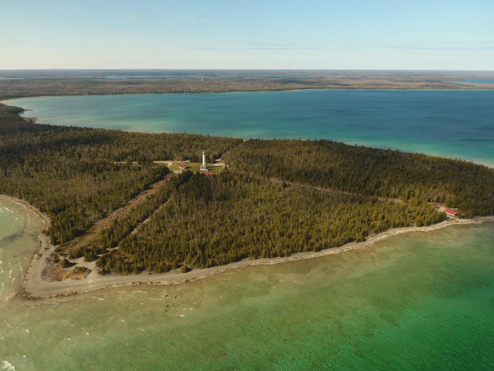 view from a uas of presque isle lighthouse