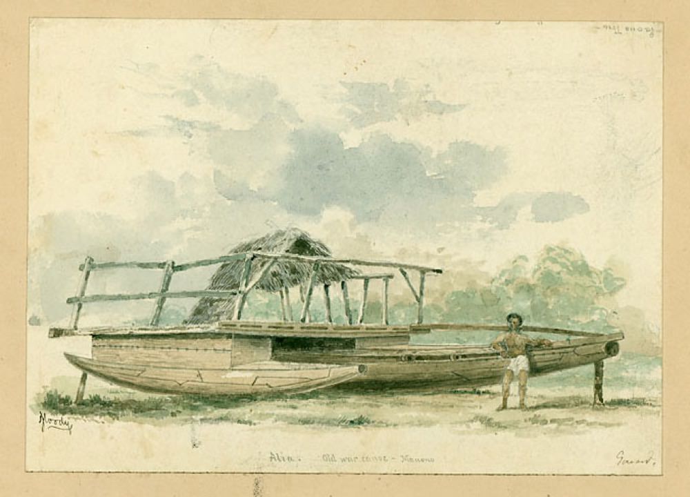 a painting of a Samoan outrigger canoe