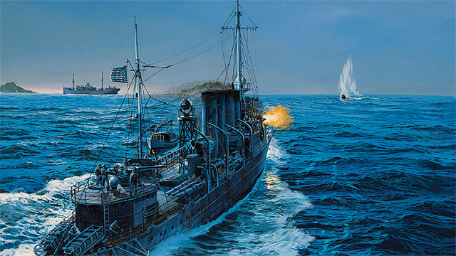 illustration of uss ward firing at a submarine