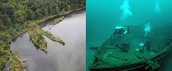 split image of shipwrecks in mallows bay and a shipwreck and diver in lake michigan