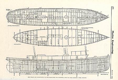 Deck and Longitudinal View of Conestoga, as reproduced in Marine Engineering magazine from 1904