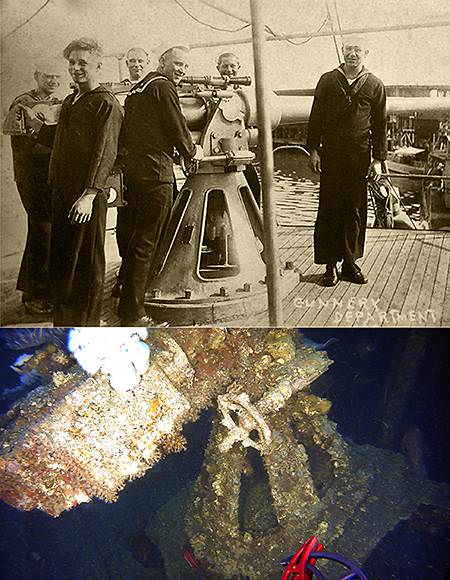 comparison of an photo of the 3-inch 50 caliber naval gun on the conestoga to the one found on the wreck