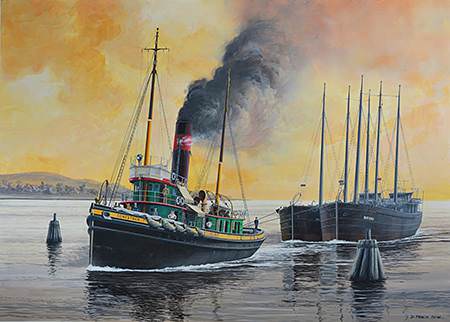 painting of conestoga towing schooner barges of coal