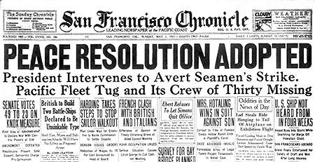 San Francisco Chronicle front page newspaper dated May 1, 1921, Pacific Fleet Tug and Its Crew of Thirty Missing.