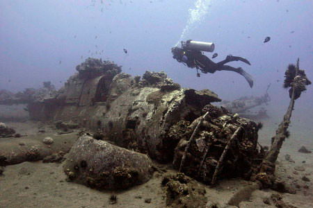 diver swimming near wwii plane wreck