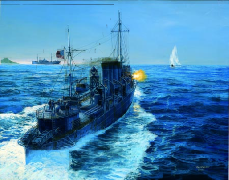 painting of the ward sinking a mini sub