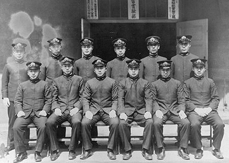 first class of officers of the Kō-hyōteki corps pose on the deck of the Japanese ship Chiyoda