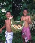 photo of two boys carrying cooked taro and breadfruit