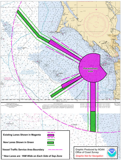 NOAA chart showing the San Francisco Channel Traffic Separation Scheme adjustments.