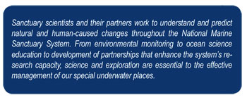 Sanctuary scientists and their partners work to understand and predict natural and human-caused changes throughout the National Marine Sanctuary System. From environmental monitoring to ocean science education to development of partnerships that enhance the system's research capacity, science and exploration are essential to the effective management of our special underwater places.