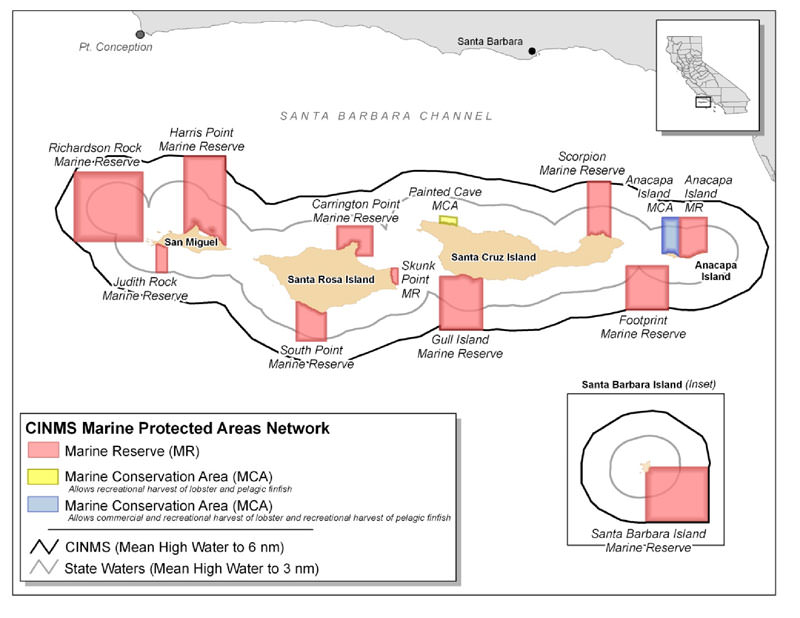 Figure 1. The Channel Islands sanctuary encompasses the waters surrounding Anacapa, San Miguel, Santa Barbara, Santa Cruz, and Santa Rosa Islands and including special marine zoning areas.