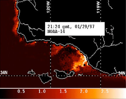 Satellite image of a temperature anomaly. The anomaly indicates a sediment plume originating from the Santa Clara River after a major rainfall event. 