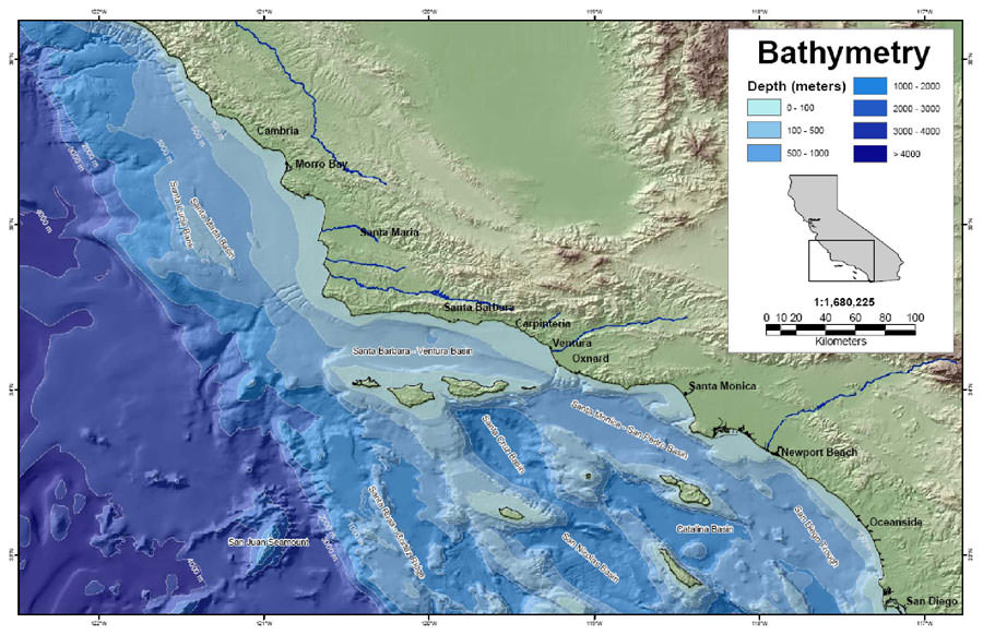 Bathymetric features of Southern California.