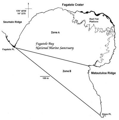Map of Fagatele Bay sanctuary showing zones A and B, which regulate fishing activities.  The use of fishing gear is prohibited in zone A and only line fishing is allowed in zone B.