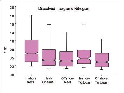 graph of Fifteen year cumulative dissolved inorganic nitrogen (DIN) concentrations in the Florida Keys.