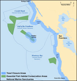 Figure 34. Fisheries closure areas as designated by the Pacific Fisheries Management Council, March 2008. Note that Rockfish Conservation Areas change seasonally and annually, therefore are not shown on this map. (Map: T. Reed, GFNMS)