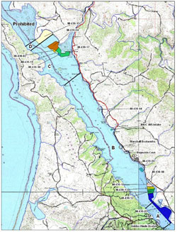 Figure 40. There are four different rainfall closure zones in Tomales Bay (map showing zones A, B, C and D). (Source: CDPH)