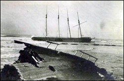 Figure 45. More than 30 shipwrecks have occurred at Duxbury Reef (located seaward, outside of the sanctuary's estuarine zone), so named for the sailing ship Duxbury that struck the reef in 1849 but later was floated off and saved. Two more victims that became stranded on the reef in close proximity were the four-masted schooner Polaris (1914; background) and steam schooner R. D. Inman (1909; forefront). (Photo: James Shuttleworth Collection)