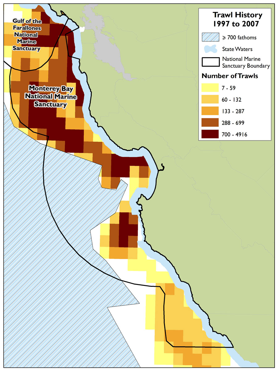 Figure 34. This map shows the history of groundfish trawling along the central California coast from 1997 to 2007. Number of trawls per block was calculated by counting trawl tracks that started, ended, or passed through each block. It is based on trawl logbook data provided by the California Department of Fish and Game. Blocks with less than seven trawls (an average of one trawl per year) or fewer than three unique vessels fishing within them are not shown for reasons of confidentiality. Trawling was prohibited during the study period in the light blue portion of state waters. Due to gear limitations, trawling is unlikely to occur in waters deeper than 700 fathoms (blue with grey hatching).
