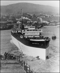 Figure 47. Launch of the Oil Tanker Montebello on Jan. 21, 1921, at Southwestern Shipbuilding Company in East San Pedro, Calif. The ship was sunk off Cambria during World War II and may still contain large quantities of oil. Photo: Unocal