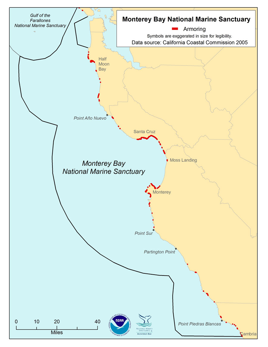 Figure 53. Location of coastal armoring structures in the MBNMS (data source: 2005 California Coastal Commission, Armoring GIS data layer).  Note: points only show the location of a structure, they do not accurately reflect the size of the armoring structure or the length of coastline armored.