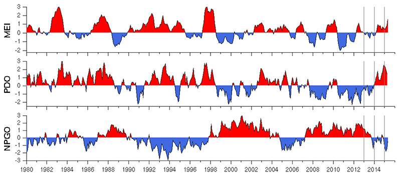 graph showing Three indices of climate and ocean conditions in the North Pacific Basin shifted in 2014