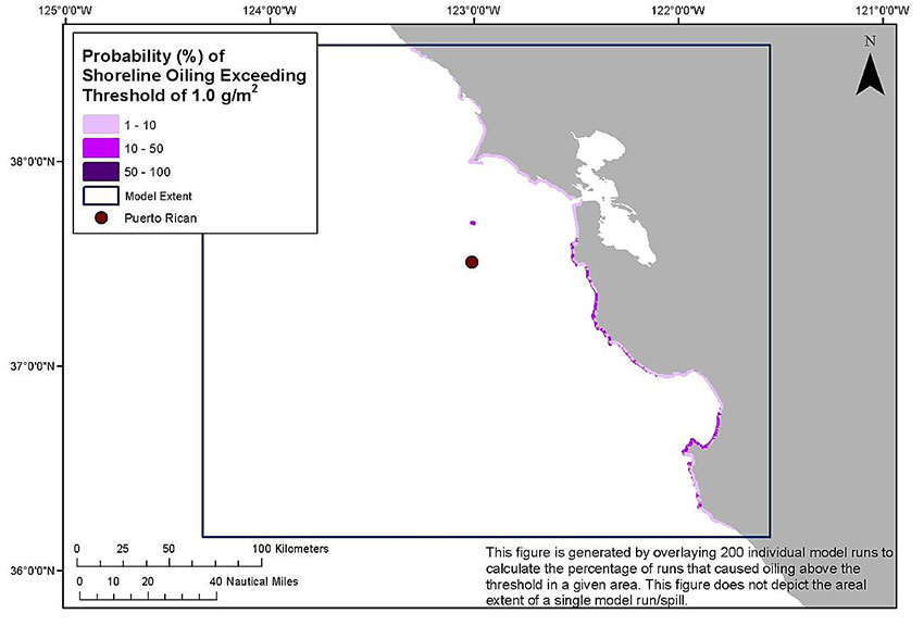 map showing Probability of shoreline oiling