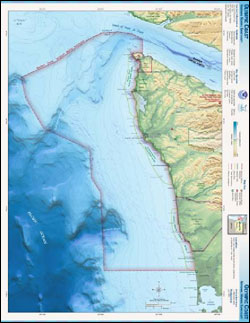 Figure 1. Olympic Coast National Marine Sanctuary is located off the western shore of Washington state, with a boundary that follows the international border at the north and approximates the 100-fathom (600 feet) depth contour. (NOAA)