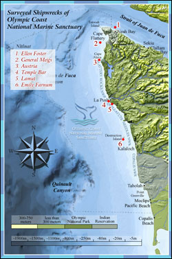 Figure 13. Surveyed shipwrecks in Olympic Coast National Marine Sanctuary. (Map: OCNMS)
