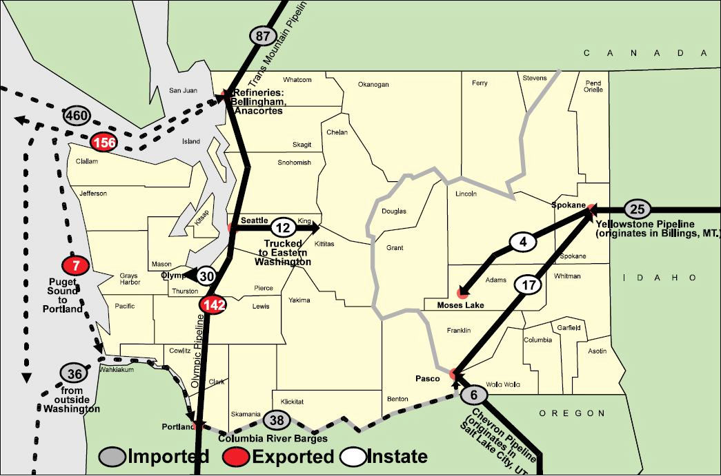 Figure 15. Primary transportation routes and quantities of petroleum products transported in Washington state, with specific routes scaled in thousands of barrels per day. (Source: Washington State Department of Ecology)