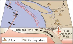 Figure 2. Subduction of the Juan de Fuca Plate under the North American Plate controls the distribution of earthquakes and volcanoes in the Pacific Northwest. (Diagram: USGS)