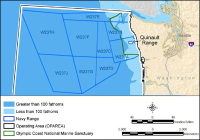 Figure 16. Operations areas for the U.S. Navy off the northern Washington coast. The green line is the boundary of OCNMS.