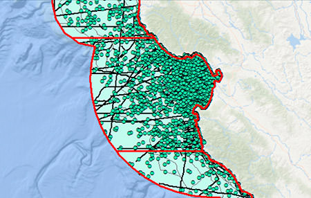 map of the monterey bay national marine sanctuary with boundries and a number of points highlighted