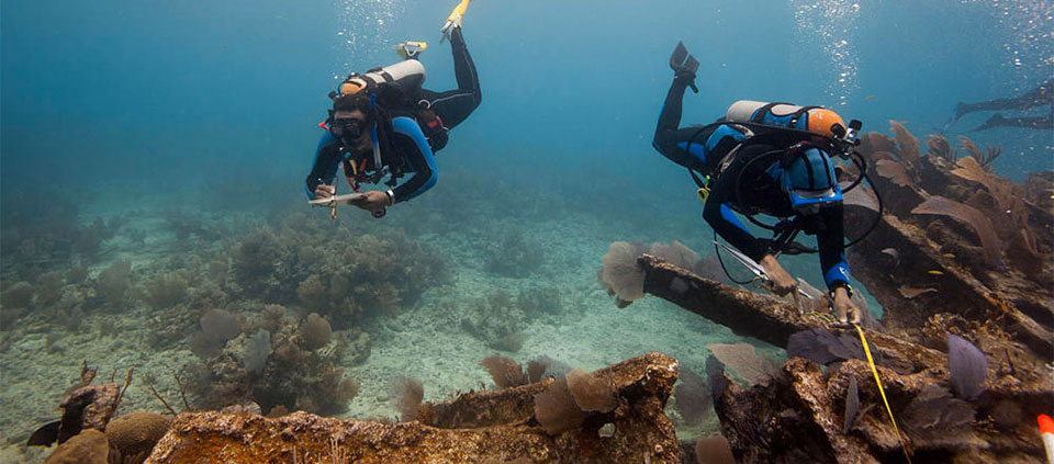 diver measuring wreck, second diver documenting wreck