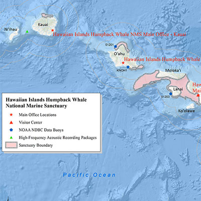 Map depicting Hawaiian Islands Humpback Whale National Marine Sanctuary