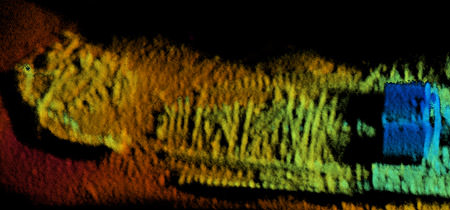 Coda Octopus 3-D Echoscope sonar, downward view of the shipwreck SS City of Chester, collision point of the RMS Oceanic just aft of the port bow